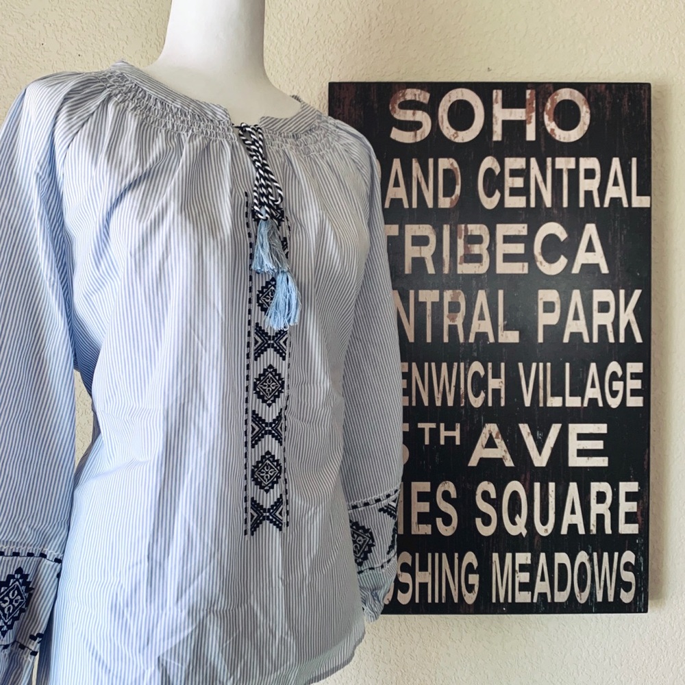 Blue Striped Embroidered Peasant Blouse